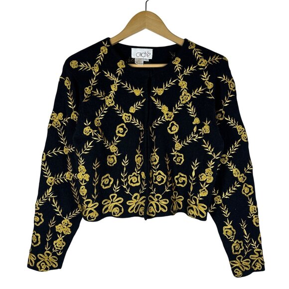 VTG Cache Embroidered Floral Knit Cardigan Womens Size L Wool Angora Old Money - Picture 2 of 8